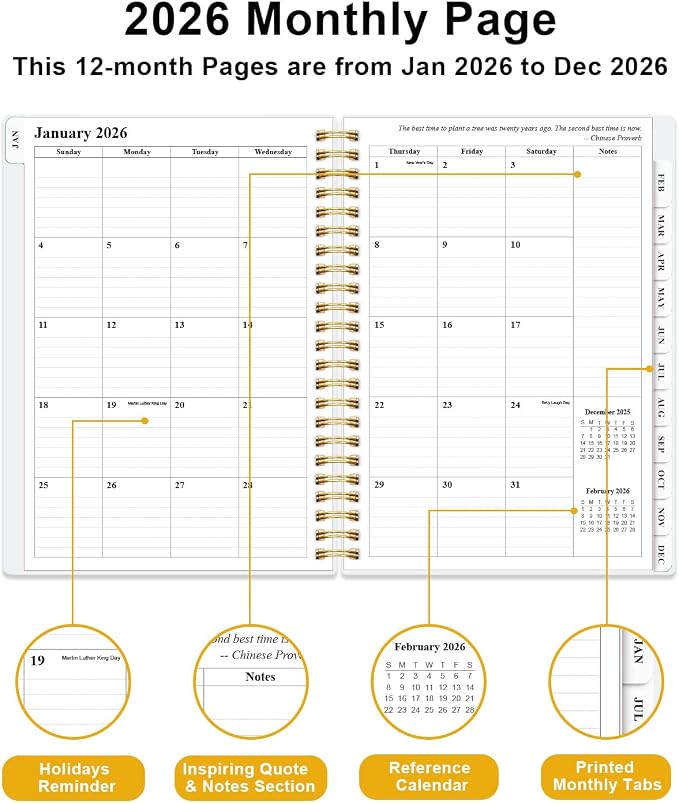 Planner 2026 - Weekly & Monthly Planner from January 2026 to December 2026, Agenda 2026 with Inner Pocket, Elastic Band, 6.4" x 8.5", Green Gold Leaf