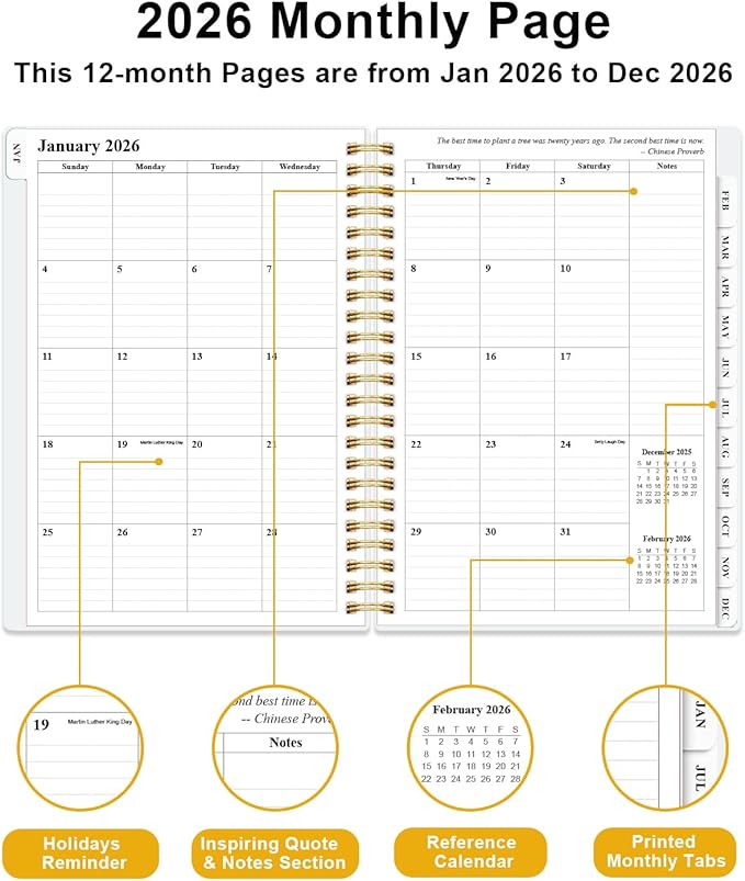 Planner 2026 - Weekly & Monthly Planner from January 2026 to December 2026, Agenda 2026 with Inner Pocket, Elastic Band, 6.4" x 8.5", Crushed Flower