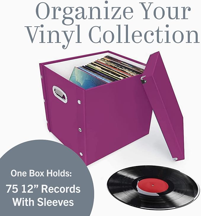 Snap-N-Store Vinyl Record Storage Box - 12" - 1 Pack- Crate Holds up to 75 Vinyl Albums - Berry