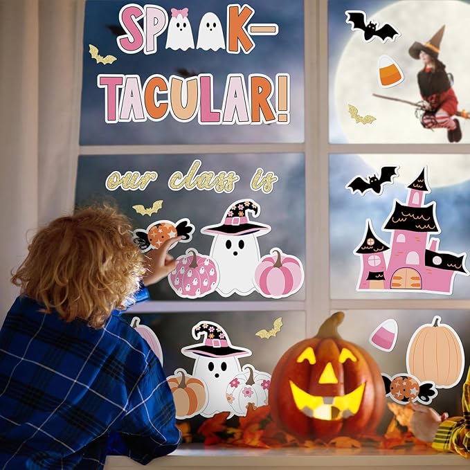 JarThenaAMCS 98 Pcs Halloween Ghost Bulletin Board Decorations Halloween Classroom Decoration Pink Cute Boo Pumpkin Bat Castle Cutouts with 150 Pcs Glue Points for School Library Wall Door Decor