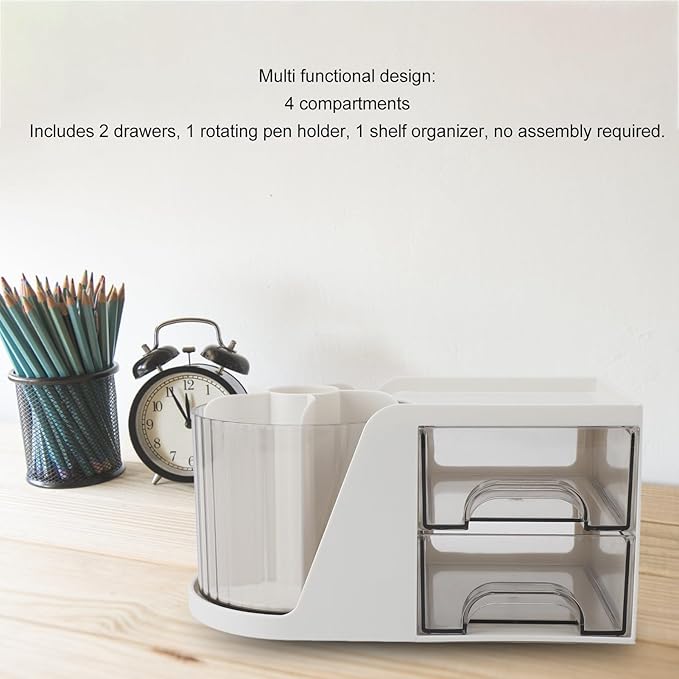 TOPINCN Desk Organizer, Desktop Stationery Organizer, Plastic Rotating Pen Holder Shelf, Ideal for Office Accessories and Small Items (White)