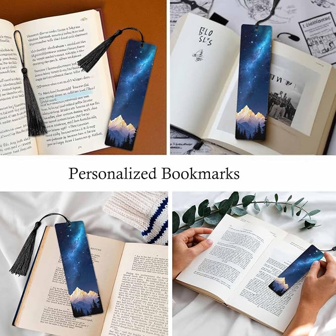 Starry Night Bookmarks 5 Pcs Sparkling Stars Mountain Tree Space Wooden Bookmark with Tassels for Reading Book Lovers Gift Office School Readers Teacher