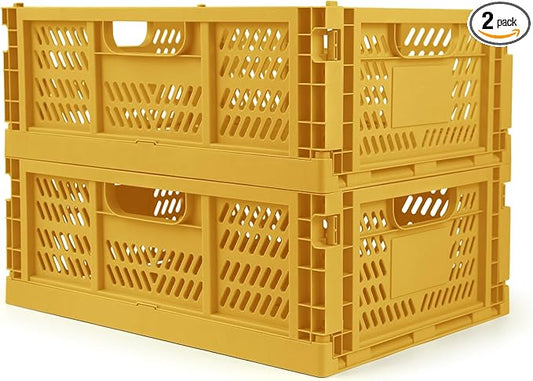 Domiella 2-Pack Crates for Storage, Storage Crates Plastic Stackable, Foldable Crate for Office Home Kitchen Bedroom Bathroom (Large, Golden Yellow)