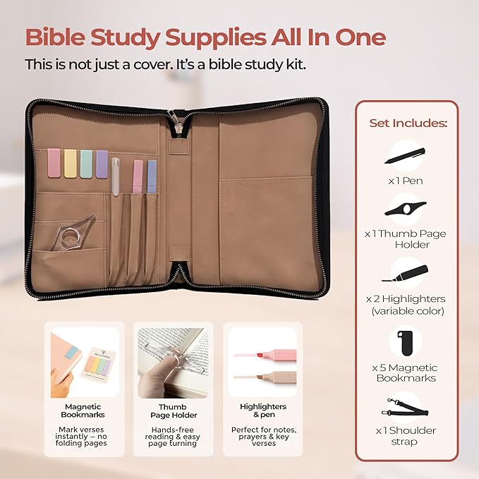 Bible Covers for Women – Durable PU Leather Bible Case with Thumb Page Holder & Shoulder Strap – Christian Gifts for Women and Elegant Leather Book Cover for Church & Study