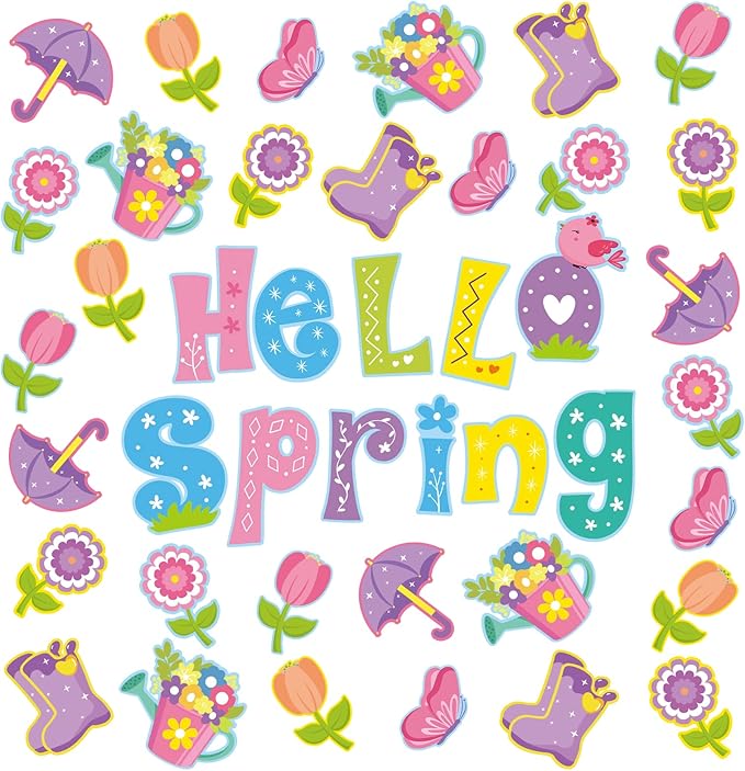 Hello Spring Flower Cut Outs for Spring Bulletin Board Decorations for Classroom with 100Pcs Glue Points,Spring Floral Classroom Decorations for Kindergarten School Spring Party Supplies (46Pcs)