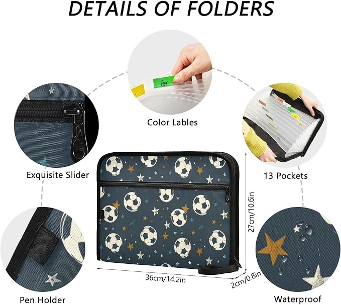 Expanding File Folder Soccer Black Accordion File Organizer 13 Pockets Document Organizer with Zipper Labels A4 Letter Office Storage