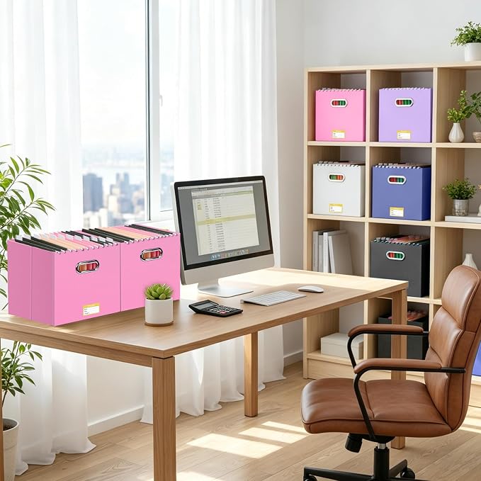BALEINE File Organizer Box, Cardboard File Folder Organizer with Handle for Letter Size, Portable Collapsible Hanging Filing Box for Home Office Document Storage (2 Pack, Large Pink)