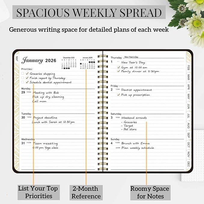 2026 Planner for Women Men,Monthly and Weekly Agenda Calendar Planner,Jan 2026 to Dec 2026,A5 (6.3" x 8.5"),Hard Cover Teacher Student Daily Planning Book with Tabs for Office School Home Work,Black