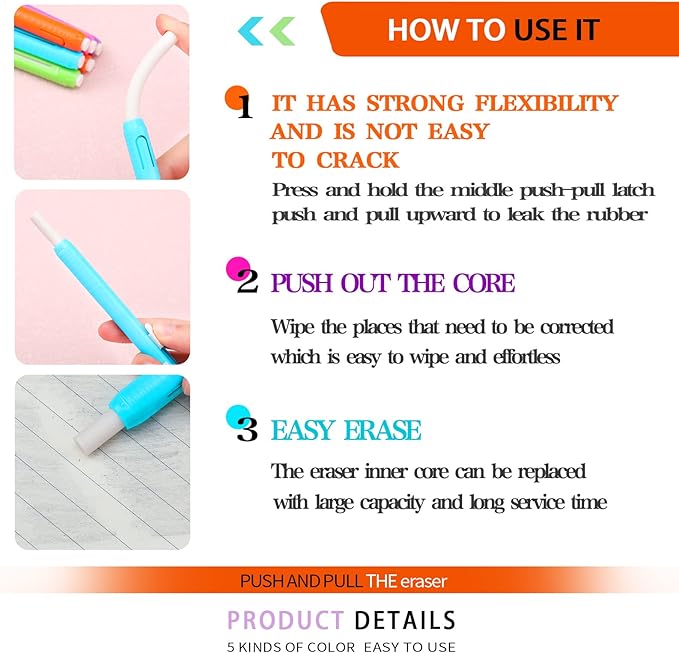 Teling 15 Pcs Retractable Mechanical Eraser Pen, School Pen-Style Erasers Pencil Click Bulk for School Office Painting Writing Drawing Drafting Sketching Adults Kids Supplies(Multicolor)