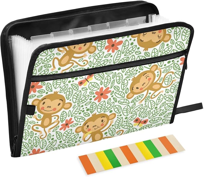 13 Pockets Expanding File Folder Funny Monkeys Green with Sticky Labels Accordion File Folder Document Organizer Letter Size A4 Papers Expandable File Keeper