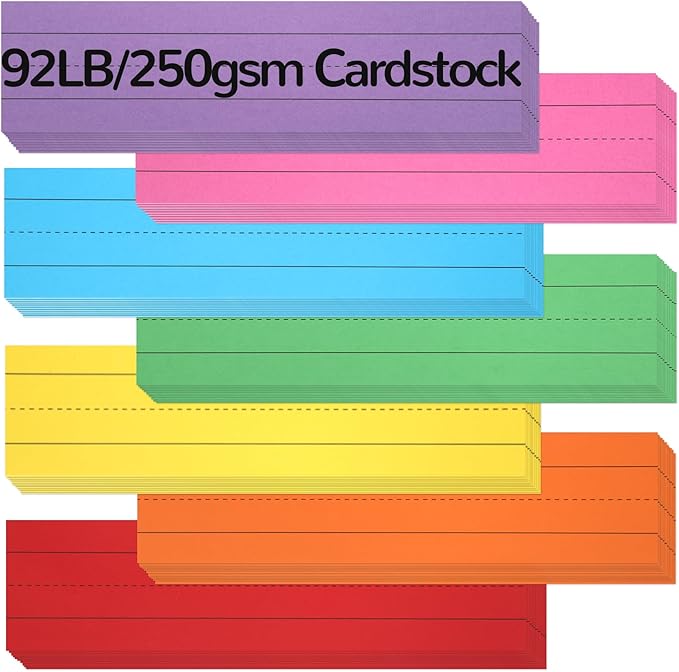 112 Sheets Rainbow Sentence Strips, 92LB/250gsm Cardstock Ruled Colored Sentence Learning Strips for Teachers, Classrooms, School Offices Supplies (7 Assorted Colors, 12” x 3”)