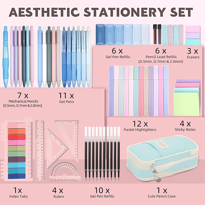 65Pcs Aesthetic School Supplies with Cute Pencil Case, 12 Pastel Highlighters, 10 Black Ink Gel Pens, Mechanical Pencils, Sticky Note Ruler Correction Tape for College Essentials Stationary Gift, Blue