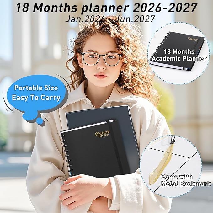 Daily Planner 2026-2027, 18-Month Weekly and Monthly Calendar Planner, Jan 2026 - Jun 2027, 5.7" x 8.3", Flexible Cover, Wirebound, Laminated Tabs, Black