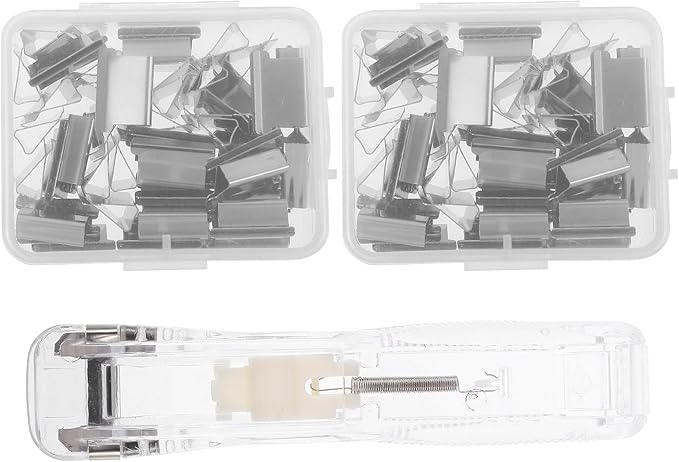 jojofuny Reusable No-Staple Desktop Stapler with Clip Dispenser, Small Office Fastener for Document Binding, Includes 1 White Stapler and 2 Plastic Refill Clips for Paper Organization
