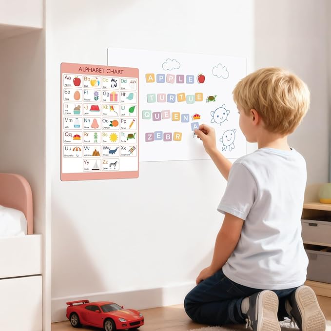 COMIX Magnetic Dry Erase Board, Magnetic ABC Alphabet Chart for Kids, 26" x 17" Adhesive White Board with 156 Pieces ABC Graphic Magnet for Kids at Home Student Classroom
