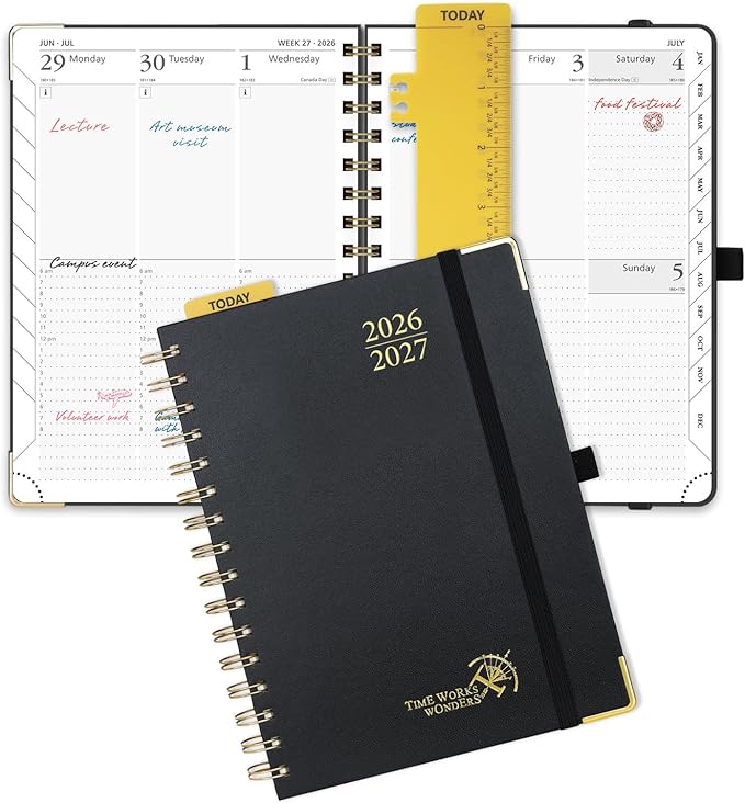 POPRUN 2026-2027 Academic Year Weekly and Monthly Planner Calendar,Jul 2026 - Jun 2027，6.25" x 8.5",Daily Agenda Book & Appointment Book with Hourly Schedule, Tabs, Hardcover, School and Office Supplies - Black