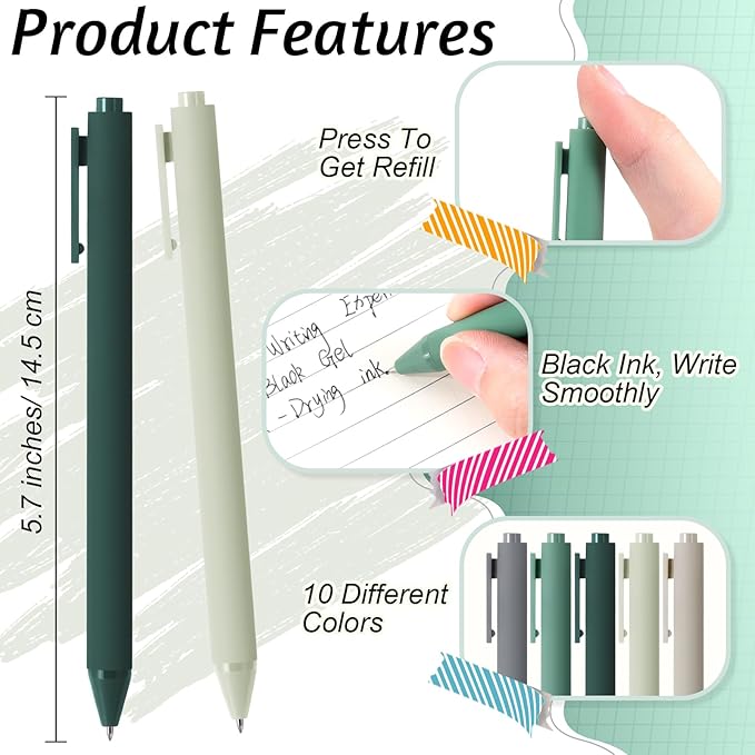 Crtiin 30 Pcs Gel Pens Bulk, 0.5mm Fine Point Black Ink Pens, Retractable Smooth Writing Quick Dry, Colored Aesthetic for School Office Journaling Teacher Appreciation Mother Day (Green Series)