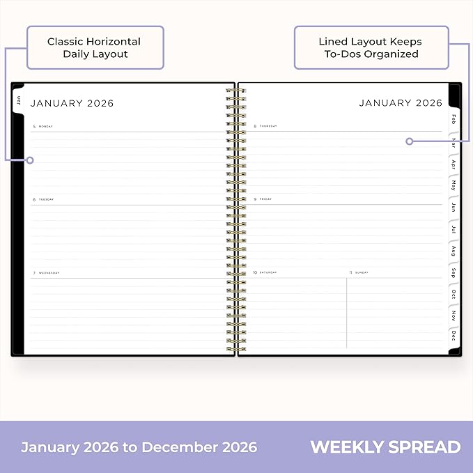 Blue Sky Ashley G 2026 Weekly and Monthly Planner Calendar, January 2026 - December 2026, 8.5" x 11", Flexible Cover, Durable Twin Wire Binding, Laminated Tabs, Pocket & Stickers, Sweetheart Black