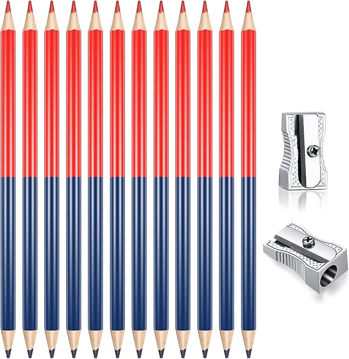Containlol 12 Pieces Checking Pencils Red and Blue Double Colored Erasable Pencils Pre Sharpened #2 HB with 2 Pieces Metal Pencil Sharpener for Checking Coloring Tests Grading (Red, Blue)