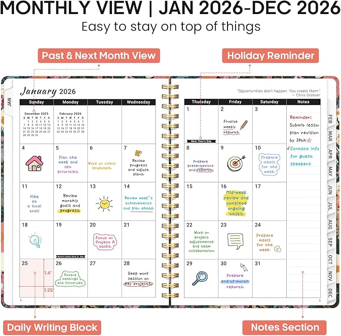 2026 Planner, Weekly and Monthly Calendar Planner Book, January 2026 - December 2026, Hardcover Spiral Planner with Monthly Tabs, Notes Pages, Perfect for Women & Men, A5 (6.4" x 8.5") - Flower