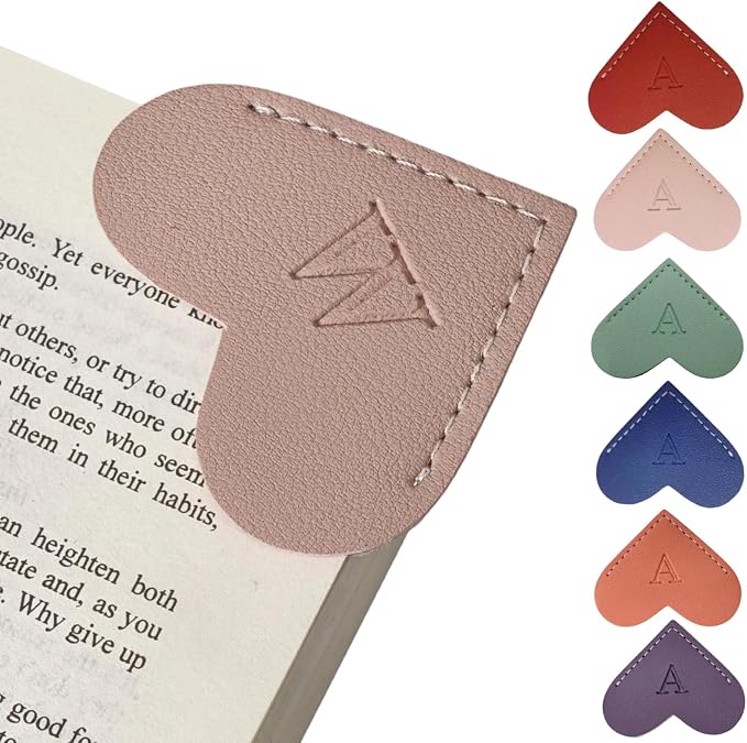 Personalized Leather Heart Bookmarks with Initials, 26 Letters Custom Corner Book Mark for Reading Women,Teacher, Student, Book Lovers Book Marker, Meaningful Gifts (Red+Pink,W)