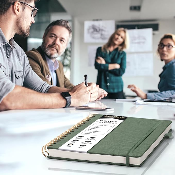 WEMATE Meeting Notebook for Work B5 (7"x10") - PU Leather Work Notebook with Agenda, Action Items & Notes - 200 Pages for Men&Women, Staff and Students, Meeting, Projects Planning - Olive Green