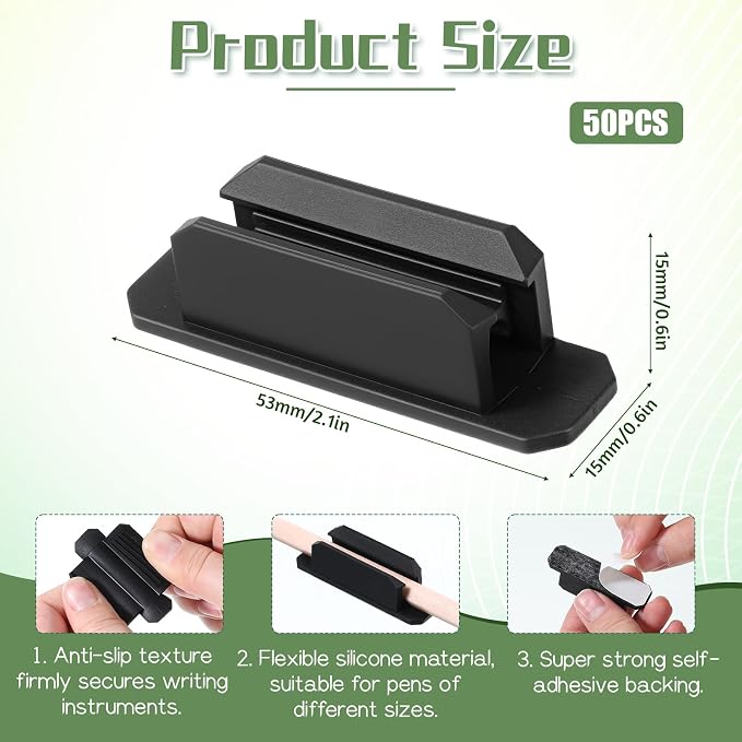 50 Pack Adhesive Pencil Holders for Desk, Silicone Flexible Adhesive Pen Holder for Desk Wall Clipboard, Reusable Marker Organizer for Classroom School Office Accessories Teacher Supplies, Black