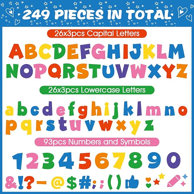 249 Pcs Bulletin Board Letters Set, 4 Inch Colorful Alphabet Numbers & Punctuation Cutouts with Adhesive Dots for Classroom Wall & School Decor (Colorful)