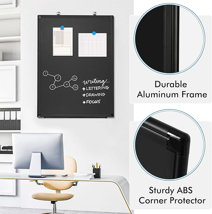 Magnetic Chalk Board, 24“x18” Black Chalkboard Double-Sided Dry Erase Board Magnetic Blackboard for Wall, Black Framed Small Chalk Board Home, School, Office, Kitchen