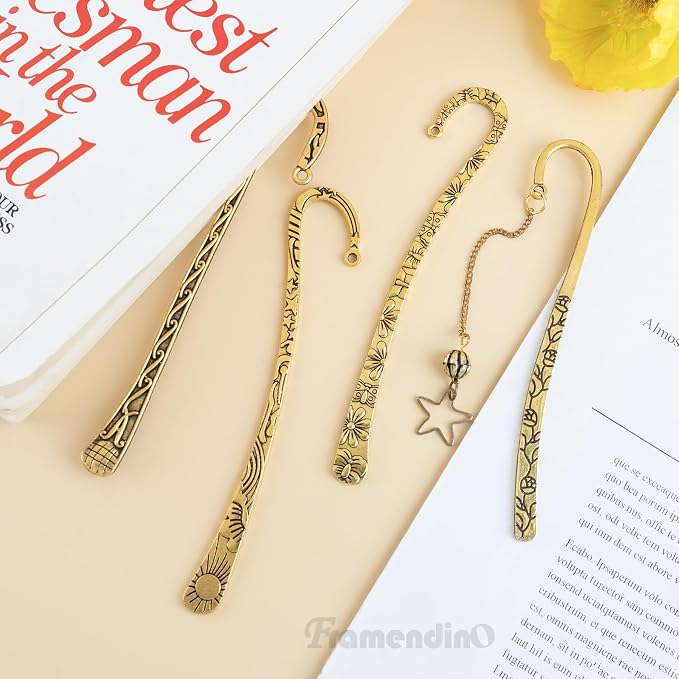Framendino, 12 Pack Metal Bookmark Antique Tibetan Carved Hook Bookmarks with Loop for Crafting (Gold)