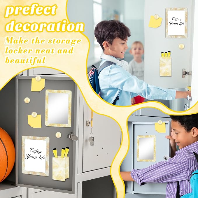 Magnetic Locker Marble Accessories Kit Pale Yellow Back to School Essentials Locker Organizer Supplies Include Mirror Whiteboard Pen with Holder Magnet Magnetic Buckle Back to School Essentials