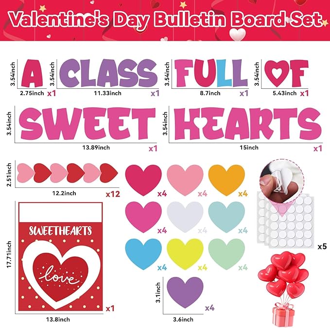 Valentine's Day Bulletin Board Set Valentine's Love Heart Classroom Decoration A Class Full Of Sweethearts Themed Cut-Outs Red Pink Colorful Hearts Bulletin Border for School Craft Projects Wall Decor