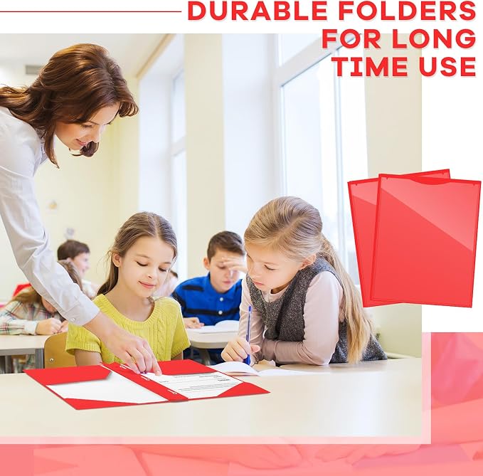 Henoyso 36 Pcs Plastic Folder with Clear Front Pocket and 3 Prong Plastic Folders with Card Slot Pocket Folders with Prongs for School Office (Red)