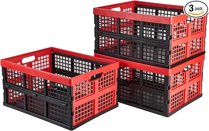 Aebeky 3-Pack Plastic Collapsible Storage Crates-30L,Foldable Plastic Crates for Storage (Black+Red)