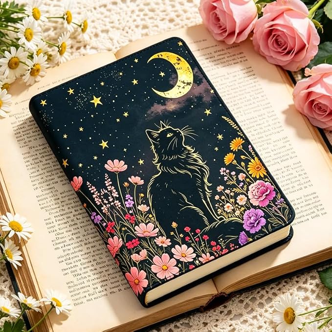 Cat & Flower Patern Stretchable Book Cover 15.7"x9.8", Elastic Washable Book Protector for Hardcover Textbooks Paperbacks, Reusable Polyester Book Sleeve for Women