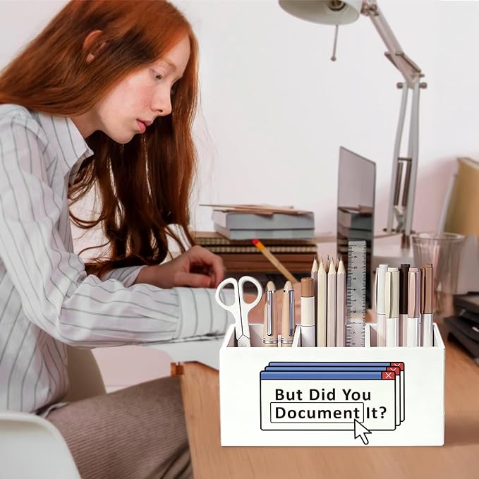 Funny Office Pen Pencil Holder for Desk, Funny HR Gifts for Women, Human Resource Gifts, But Did You Document It Wooden Box Sign Decorations for Home Office Workplace Desk Tabletop