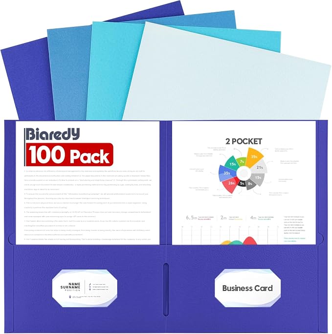 100 Pack 2 Pocket Folders, Letter Size 8.5" x 11" Folders with Business Card Slot, Durable Paper Bulk File Folders for Office, School, Presentation Home and Business Use, Blue Assorted