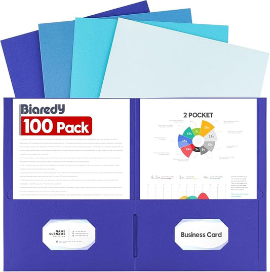 100 Pack 2 Pocket Folders, Letter Size 8.5" x 11" Folders with Business Card Slot, Durable Paper Bulk File Folders for Office, School, Presentation Home and Business Use, Blue Assorted