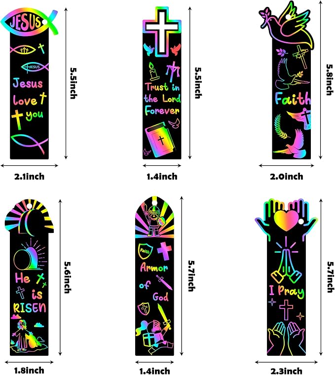 CY2SIDE 60PCS Religious Scratch Bookmarks, DIY Crosses Rainbow Color Paper Cards Craft Kits for Christian Sunday School Church, Easter Magic Art Project for Vacation Bible Classroom