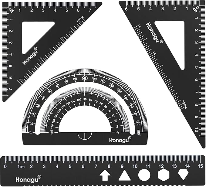 Honagu Triangular Ruler Set, 4 PC Metal Drafting Ruler, Geometric Protractor, Measuring Drawing Tool for Students, Teachers, Draftsmen, Engineers, Home School Office Supplies (15cm/5.9inches, Black)