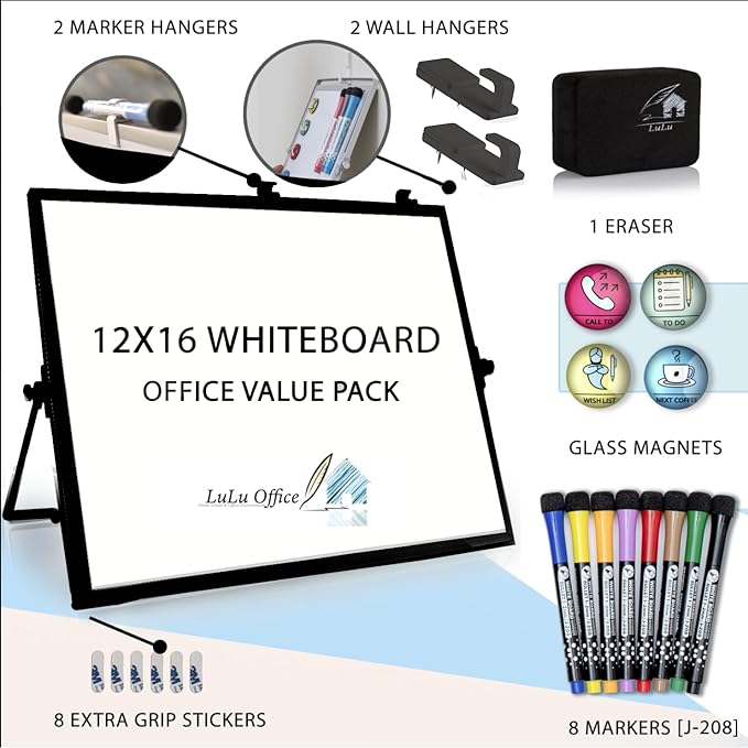 12x16 Magnetic Whiteboard with Stand - Double-Sided Dry Erase Board, Black Frame, 8 Fine-Tip Markers, 4 Magnets & Eraser | Desk, Wall & Lapboard Use