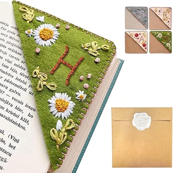 Personalized Hand Embroidered Corner Bookmark, 26 Letters Hand Stitched Felt Corner Letter Bookmark, Cute Flower Embroidery Bookmarks for Book Reading Lovers Meaningful Gift (Summer，H