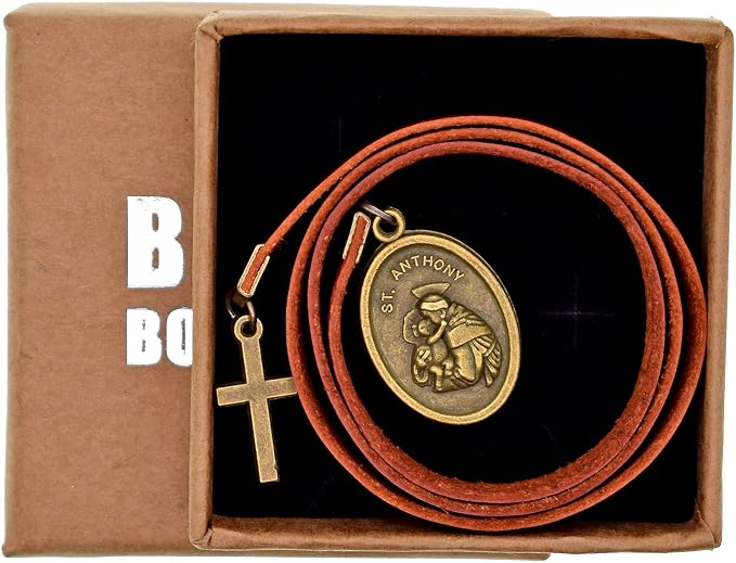 BLBMH Genuine Leather Bible Bookmark with Cross | Catholic Gifts for Men Dad | Christian Book Marker with Ribbon - Saint Anthony - LB3