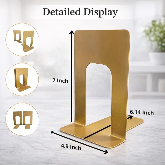 Alessk Dark Matte Gold Metal Bookends for Shelves – Heavy Duty Decorative Bookends for Heavy Books – Modern Book Ends for Office Bookshelf- has 3 Non-Slip Pads at the Bottom – 4 Pairs (8 Pieces)