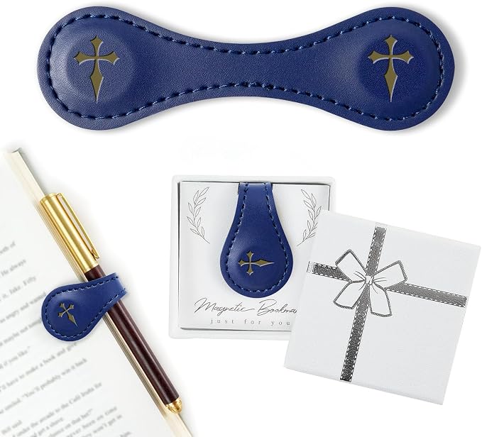 Personalized Leather Magnetic Bookmark with Pen Holder – Custom Initial Design for Readers（Blue-Cross）