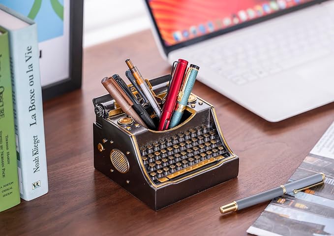 Retro Typewriter Pen Holder Decorative Resin Vintage Pencil Holders Desk Organizer for Writer's Desk (Iron)