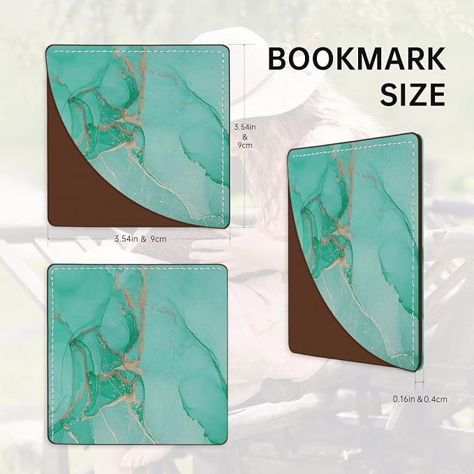 2 Pack Green and Blue Marble Leather Book Corner Bookmark, Durable Handmade Reading Accessories - Gifts for Readers, Women, Men, Teachers, Students
