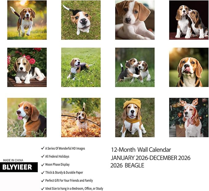 2026 Wall Calendar,Beagle Wall Calendar, 12" x 24" Open,Family Planner Calendar Organizer with Beagle Images, for Dogs Lovers