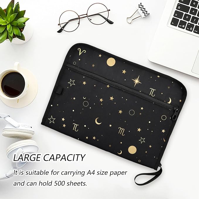 ALAZA Moon Star Zodiac Expanding File Folder, 13 Pockets Expandable Document Organizer Folder with Zipper Closure for Home Office A4 Letter Size Paper Document