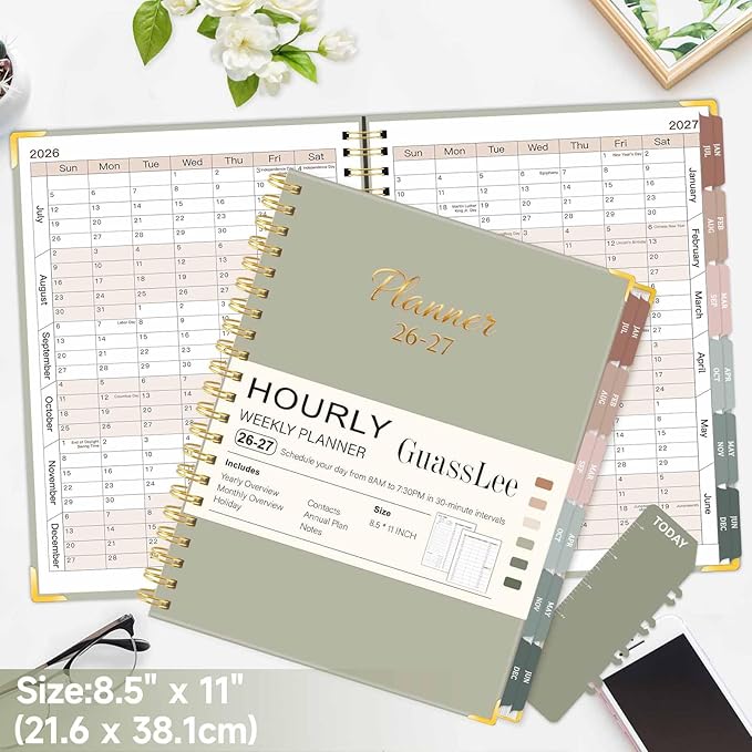 Large 2026-2027 Academic Planner, Weekly & Monthly Appointment Book from Jul. 2026 - Jun. 2027, Work & Life Daily Hourly Planner with Time Slots, A4 Agenda Organizer for School,Pastel Green,8.5" x 11"